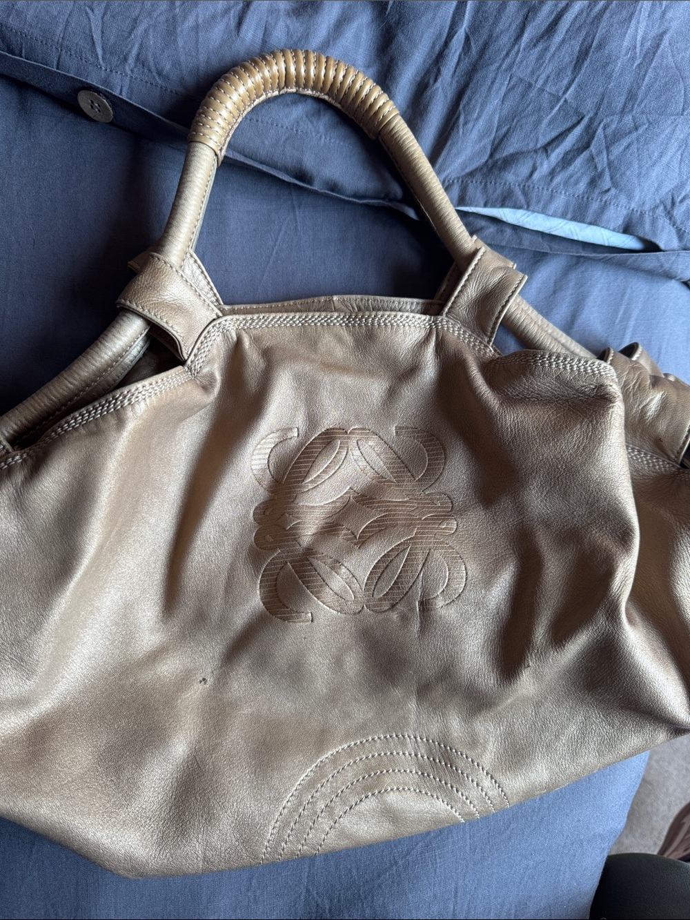 Loewe Tan/Gold Leather Tote Bag with Embossed Monogram early 2000s